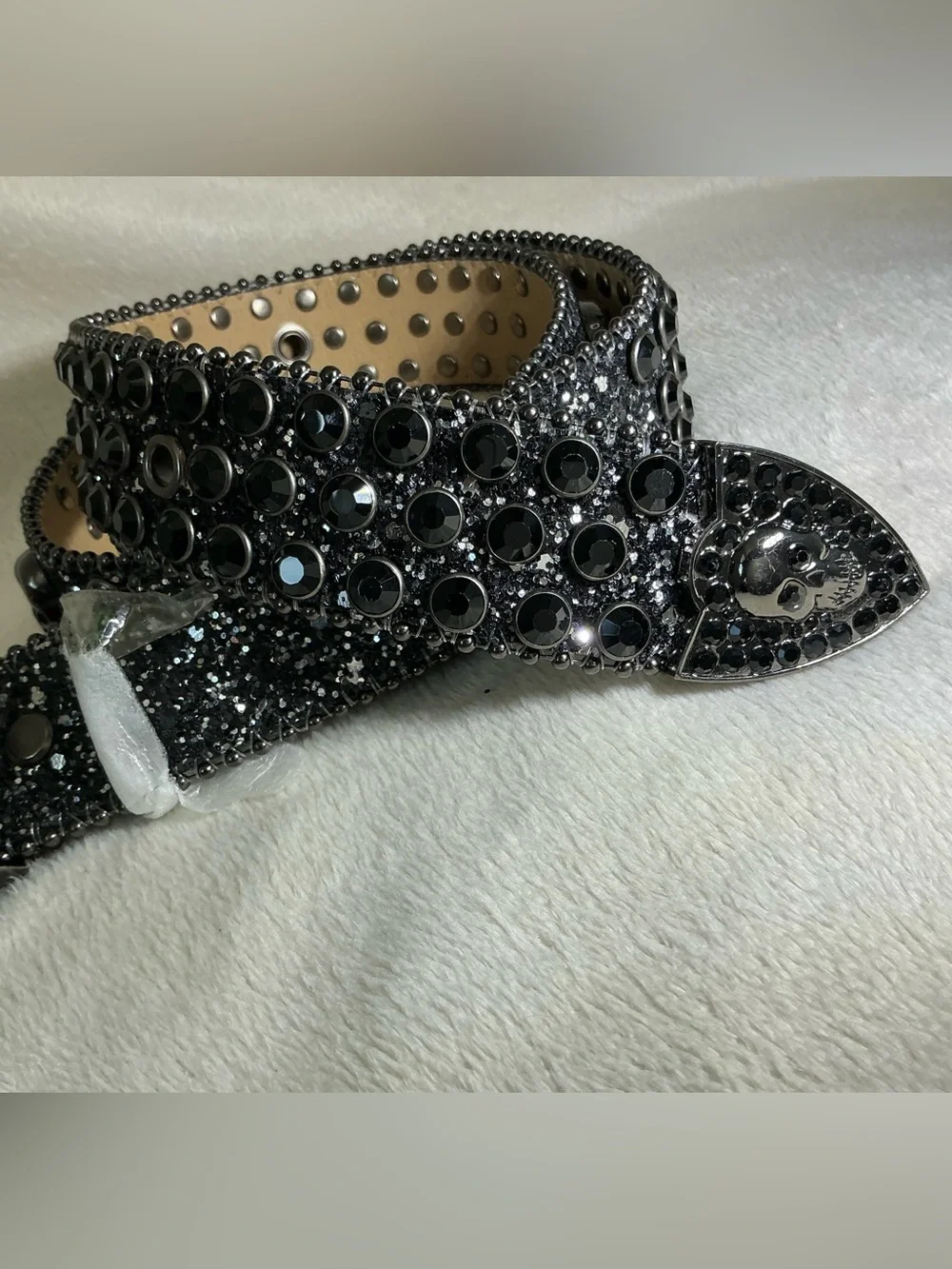 NEW! Black Rhinestone-studded Glitter Skull Leather Belt NWT Black & Silver Skull Cross Stud Belt | Hot Topic main image 4